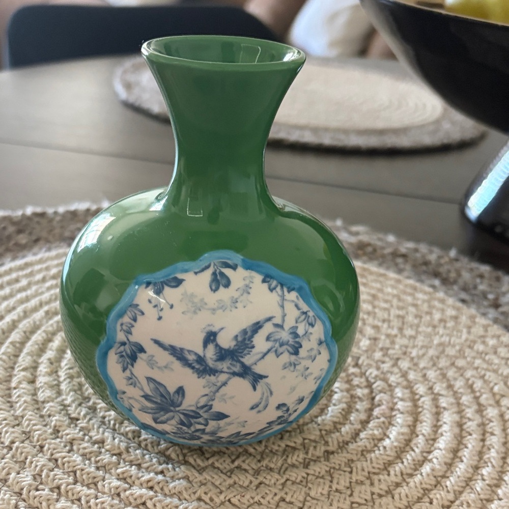 Green Ceramic Accent Vase with Blue Floral Bird Medallion